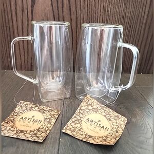 Godinger Artisan Roast Double-Wall Thermo Glass Coffee Mugs x 2 10oz Tea Cup NWT